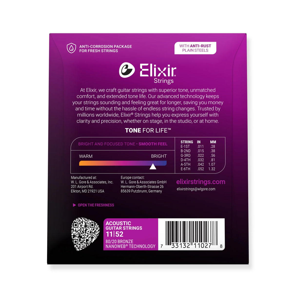Elixir Nanoweb 80/20 Bronze Coated Acoustic Guitar Strings Custom Light (11-52)