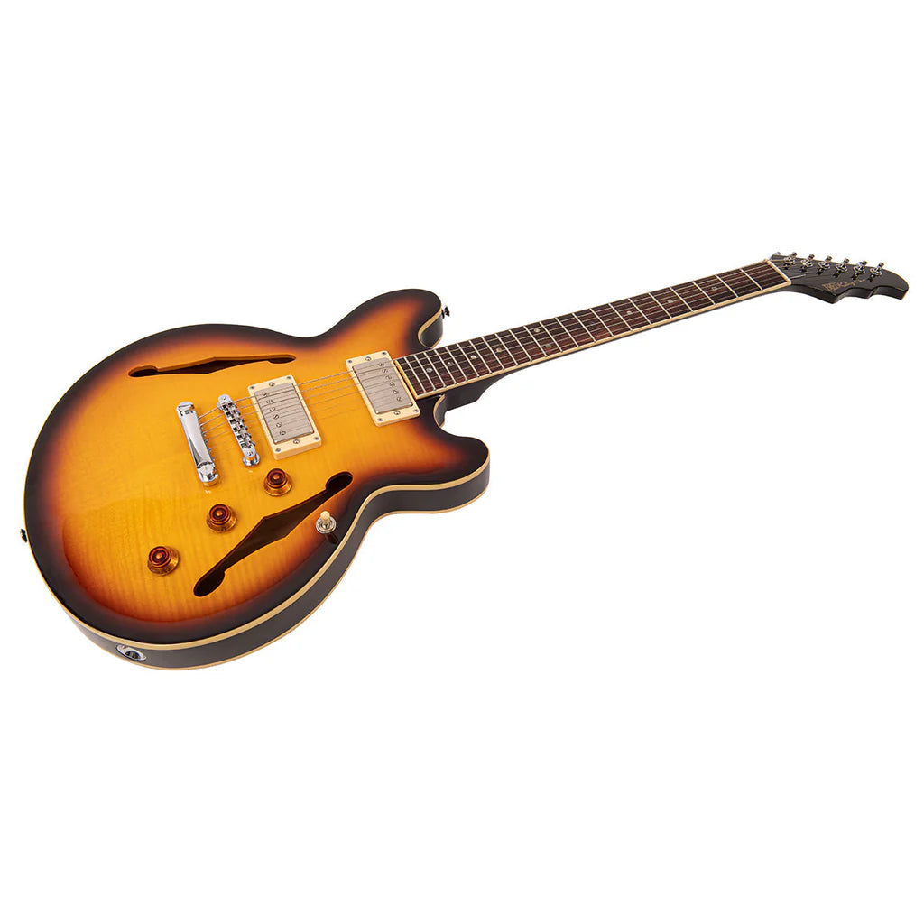 Fret-King Elise Custom Double Cutaway Semi Acoustic Hollowbody Electric Guitar Tobacco Sunburst