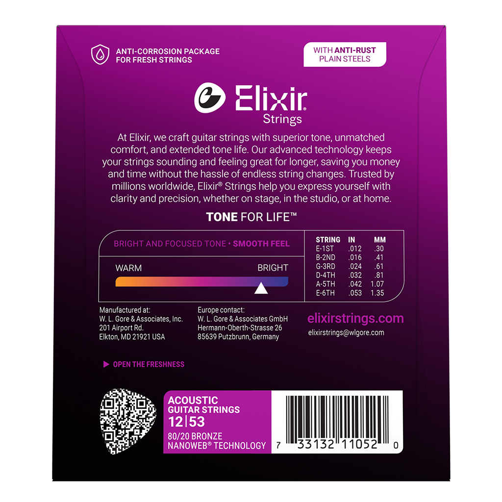 Elixir Nanoweb 80/20 Bronze Coated Acoustic Guitar Strings Light (12-53)