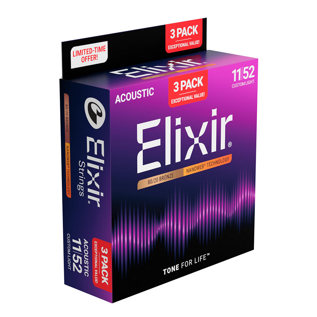 Elixir Nanoweb 80/20 Bronze Coated Acoustic Guitar Strings Custom Light (11-52) Triple Pack