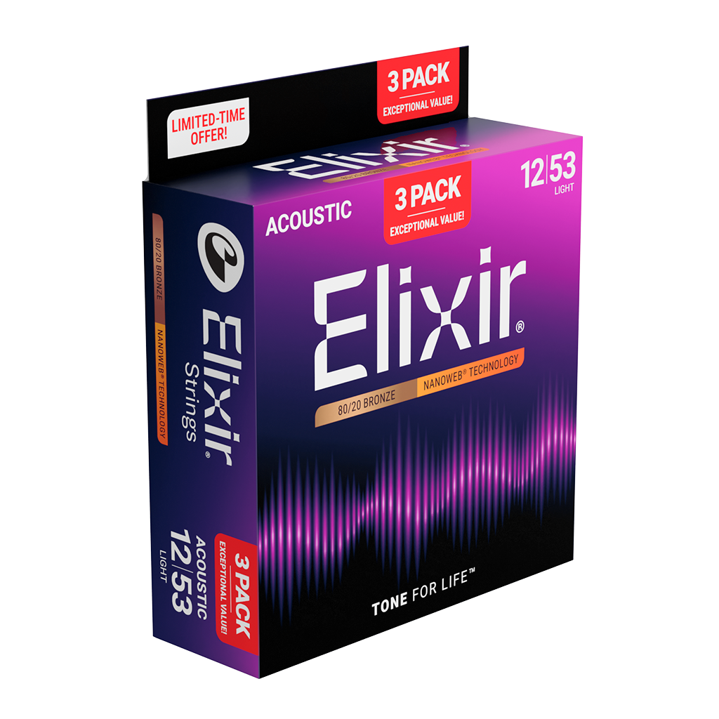 Elixir Nanoweb 80/20 Bronze Coated Acoustic Guitar Strings Light (12-53) Triple Pack