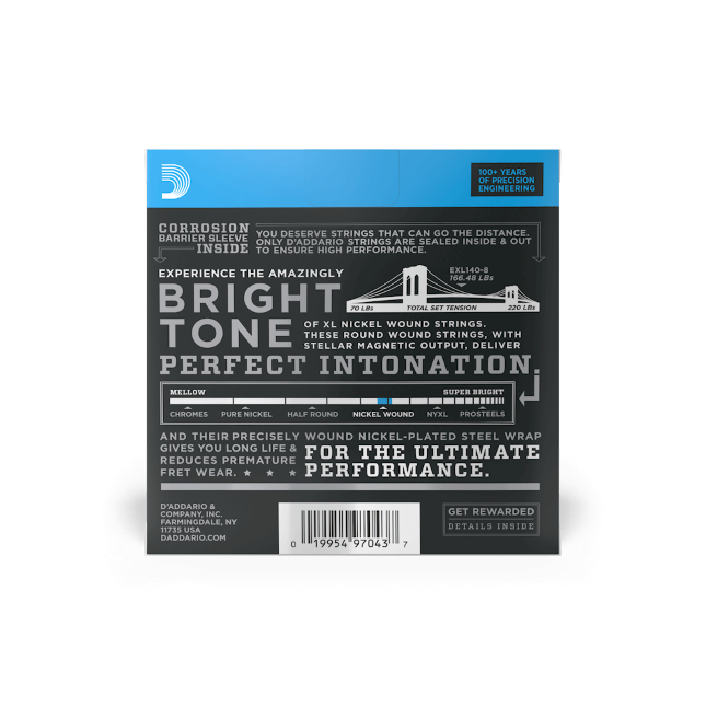 D'Addario XL 8-String Light Top Heavy Bottom Light Electric Guitar Strings EXL140-8