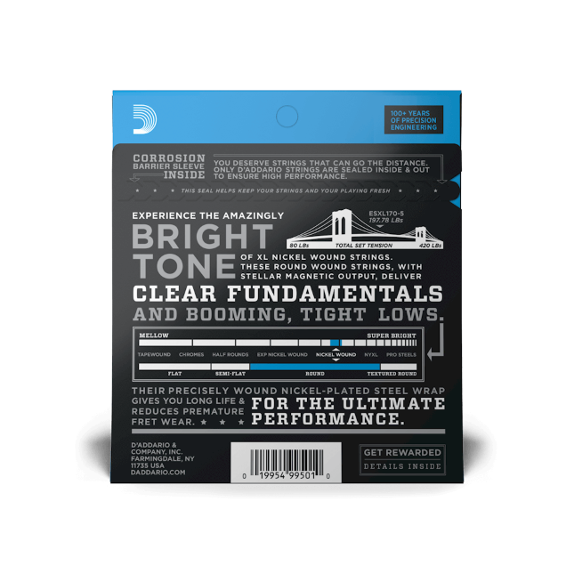D'Addario XL Regular Light 5 String Bass Guitar Strings EXL170-5