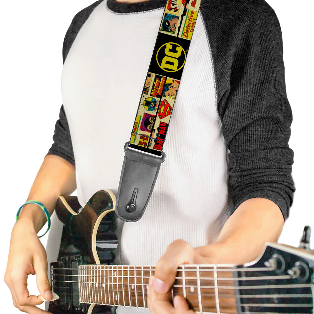 Buckle-Down Guitar Strap Vintage DC Comics Superhero and Logos Collage Black