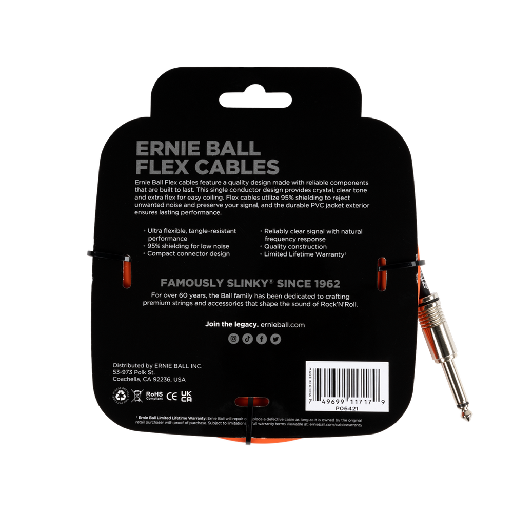 Ernie Ball Flex Instrument Cable Straight/Straight 20ft/6m Orange