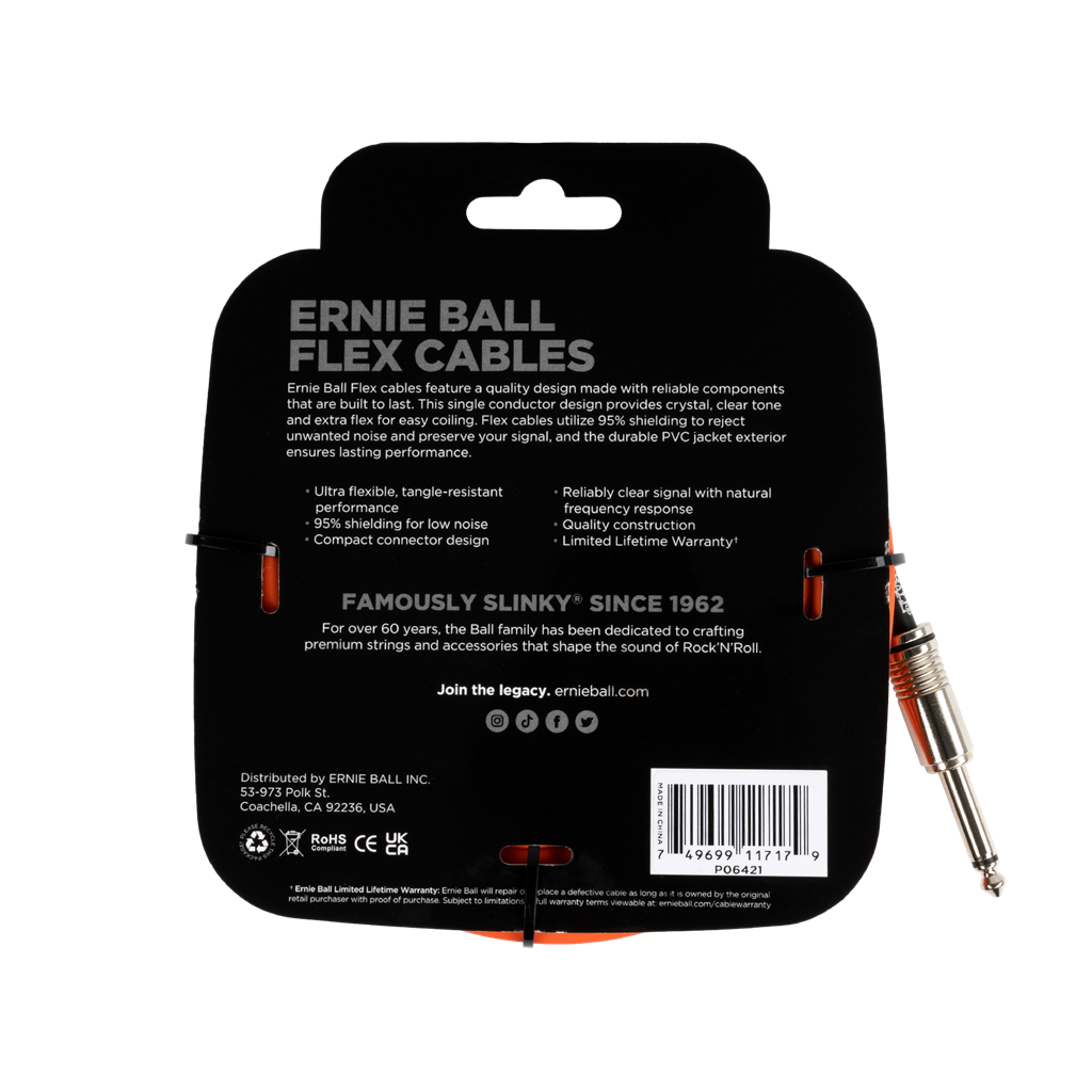 Ernie Ball Flex Instrument Cable Straight/Straight 20ft/6m Orange