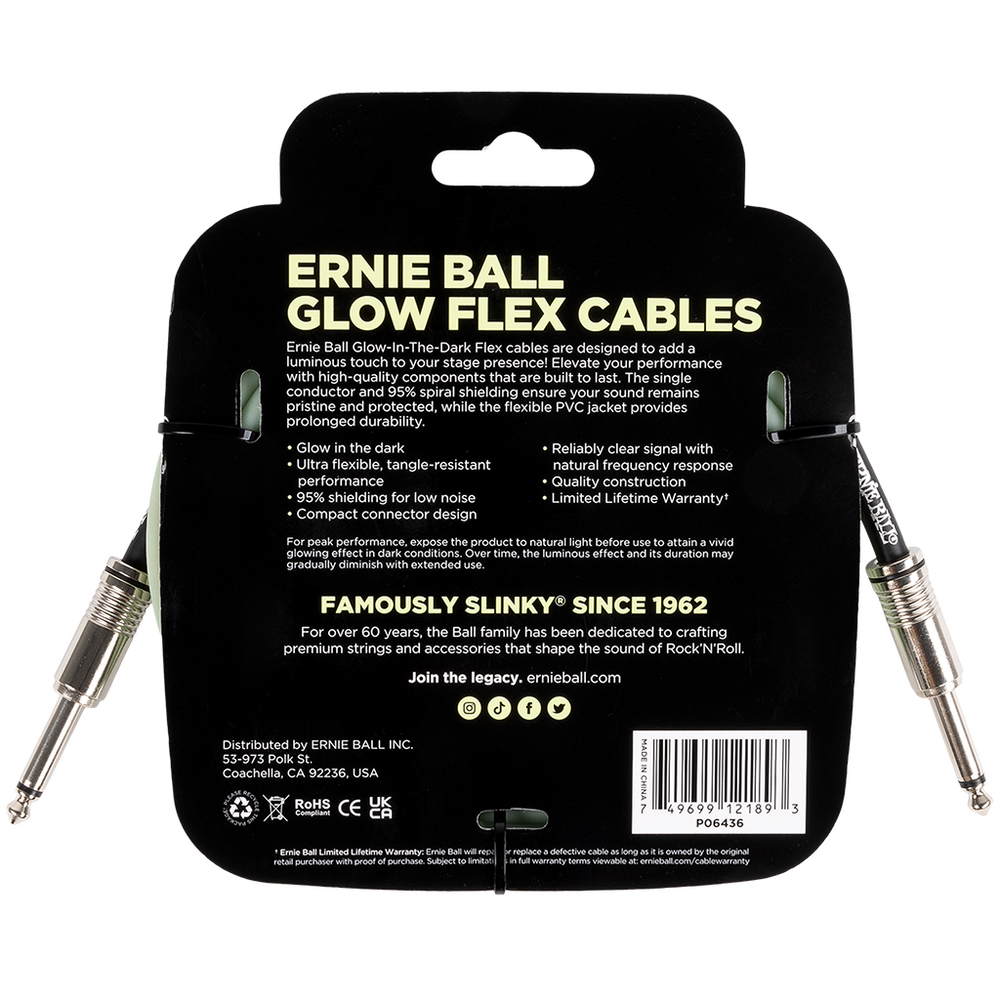 Ernie Ball Flex Instrument Cable Straight/Straight 10ft/3m Glow In The Dark