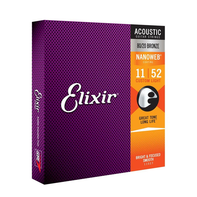 Elixir Nanoweb 80/20 Bronze Coated Acoustic Guitar Strings Custom Light (11-52) - Music Vault