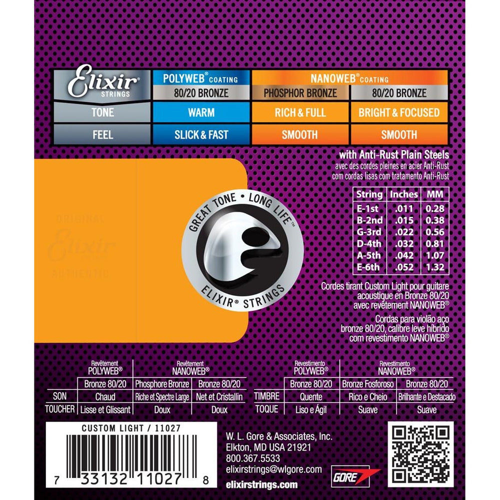 Elixir Nanoweb 80/20 Bronze Coated Acoustic Guitar Strings Custom Light (11-52) - Music Vault