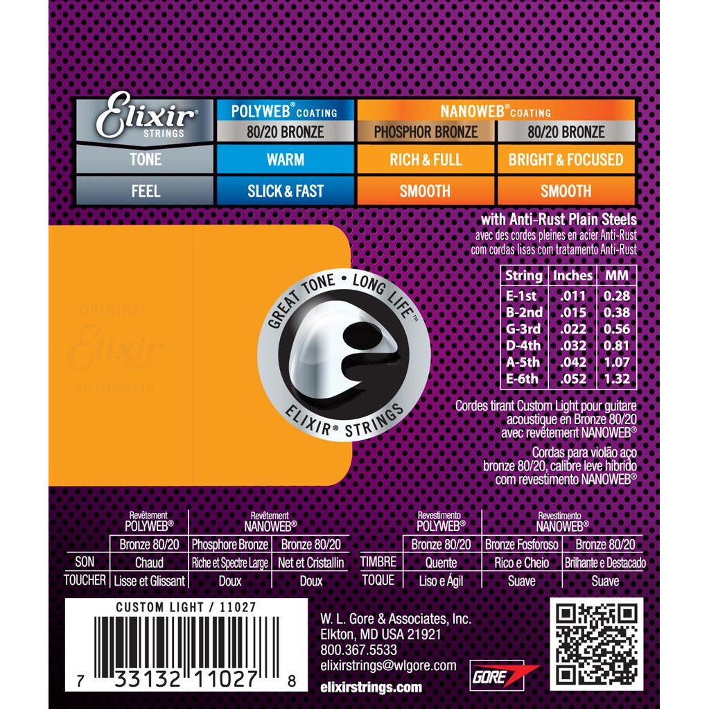 Elixir Nanoweb 80/20 Bronze Coated Acoustic Guitar Strings Custom Light (11-52) - Music Vault