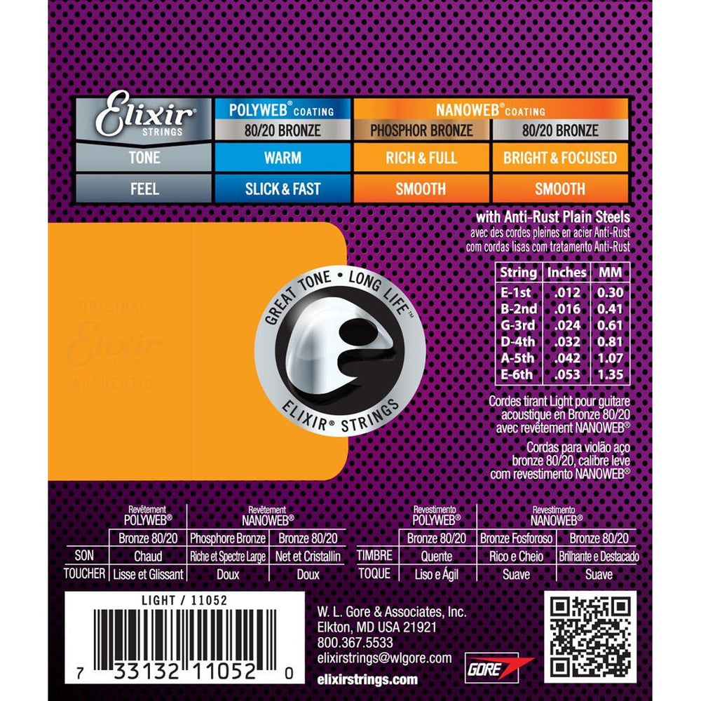 Elixir Nanoweb 80/20 Bronze Coated Acoustic Guitar Strings Light (12-53) - Music Vault