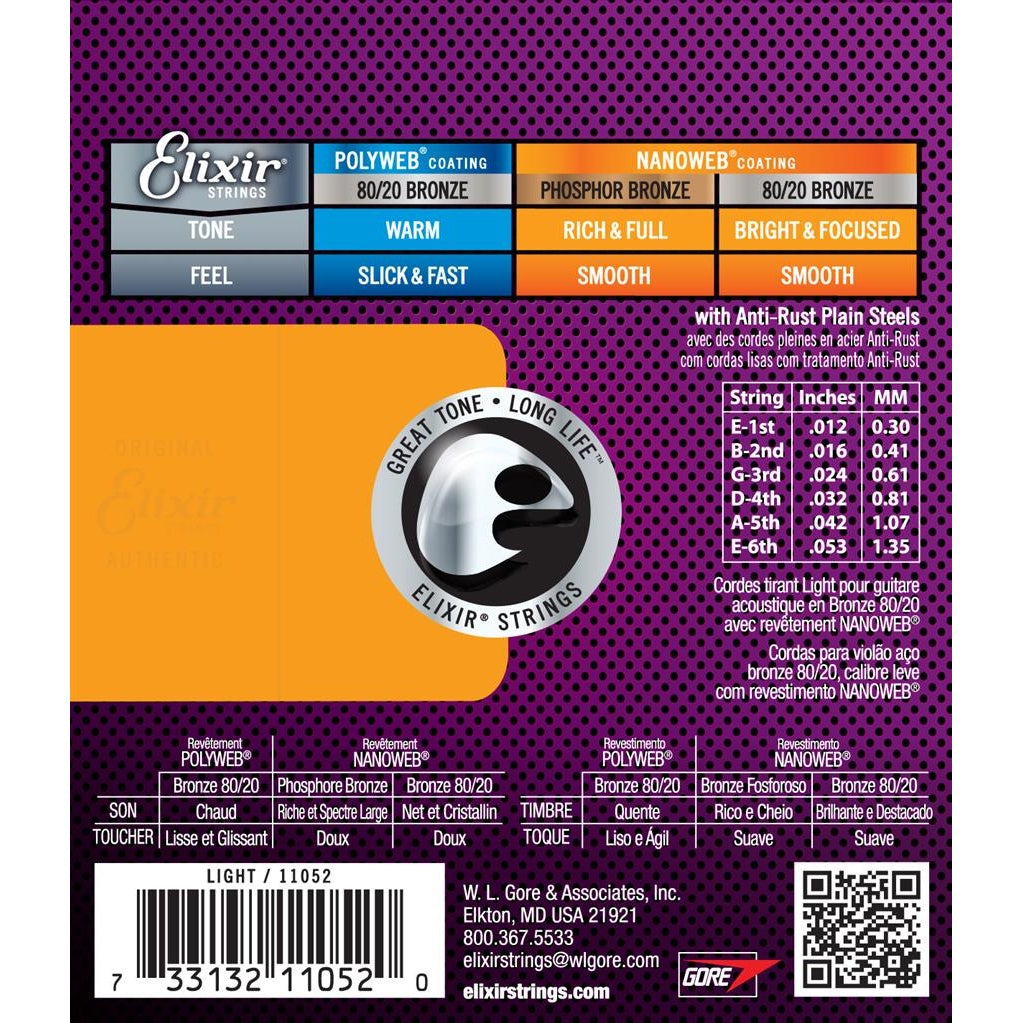 Elixir Nanoweb 80/20 Bronze Coated Acoustic Guitar Strings Light (12-53) - Music Vault