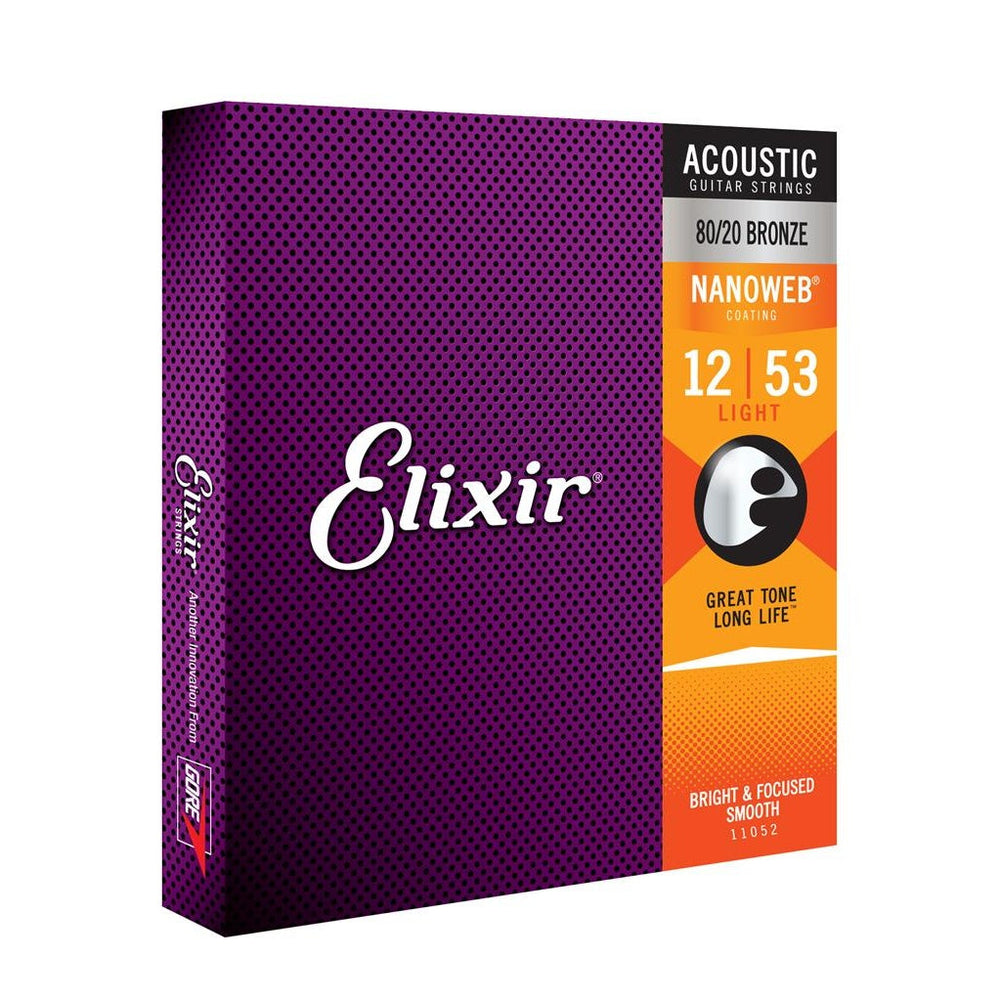 Elixir Nanoweb 80/20 Bronze Coated Acoustic Guitar Strings Light (12-53) - Music Vault