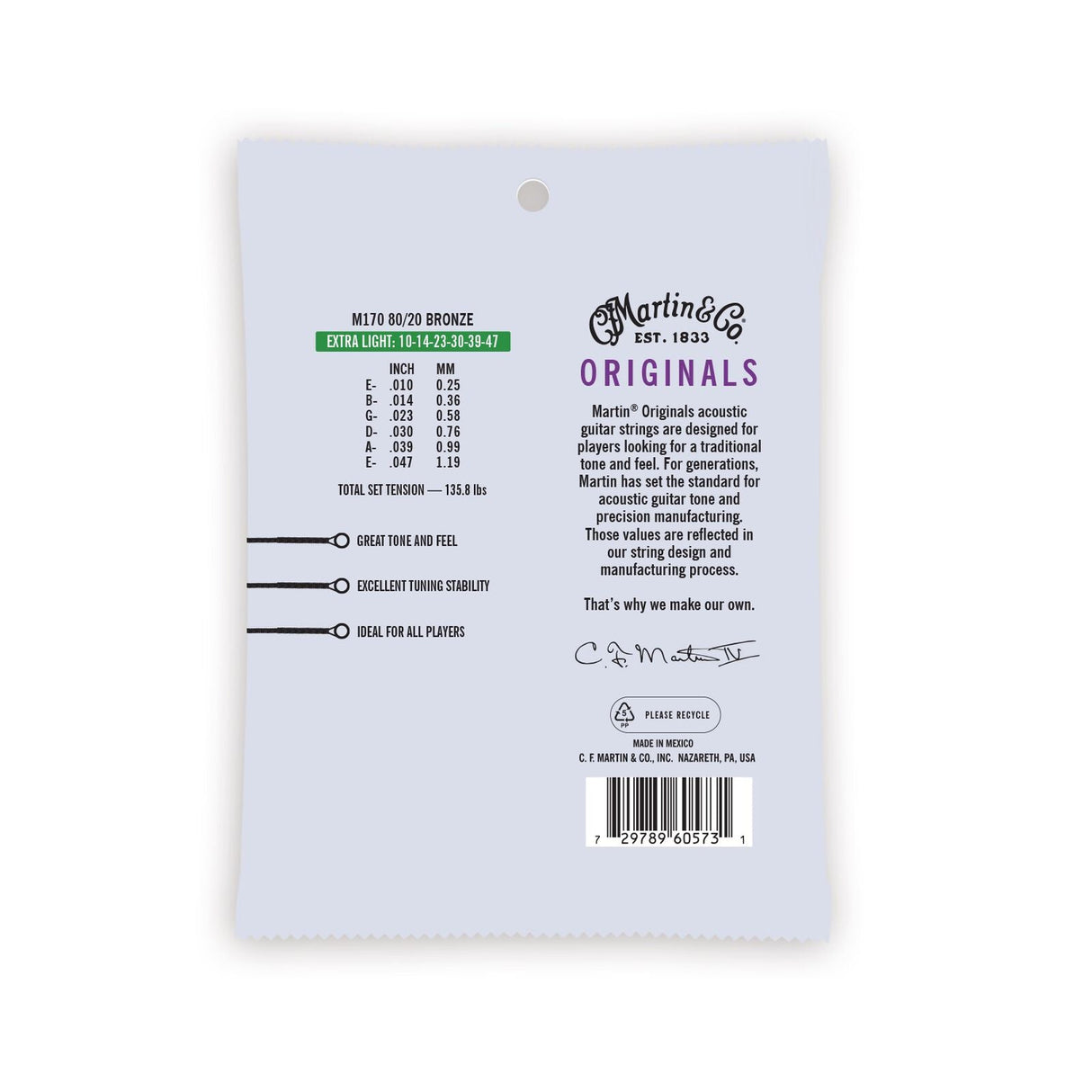 Martin Originals 80/20 Bronze Acoustic Guitar Strings Extra Light - Music Vault