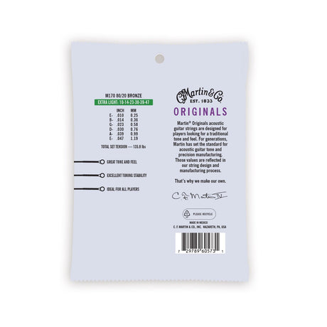 Martin Originals 80/20 Bronze Acoustic Guitar Strings Extra Light - Music Vault