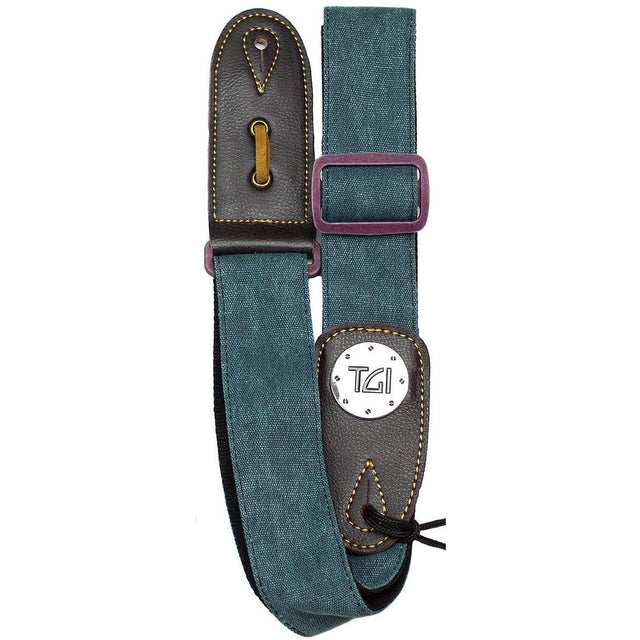 TGI Guitar Strap Woven Green Denim Purple Buckle - Music Vault