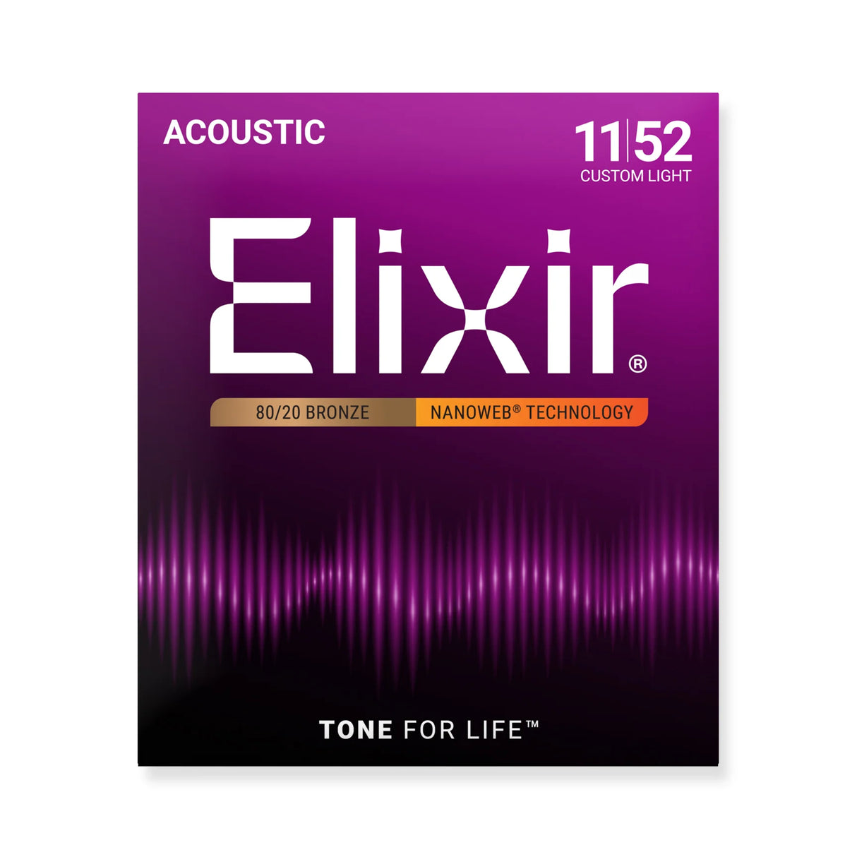 Elixir Nanoweb 80/20 Bronze Coated Acoustic Guitar Strings Custom Light (11-52)