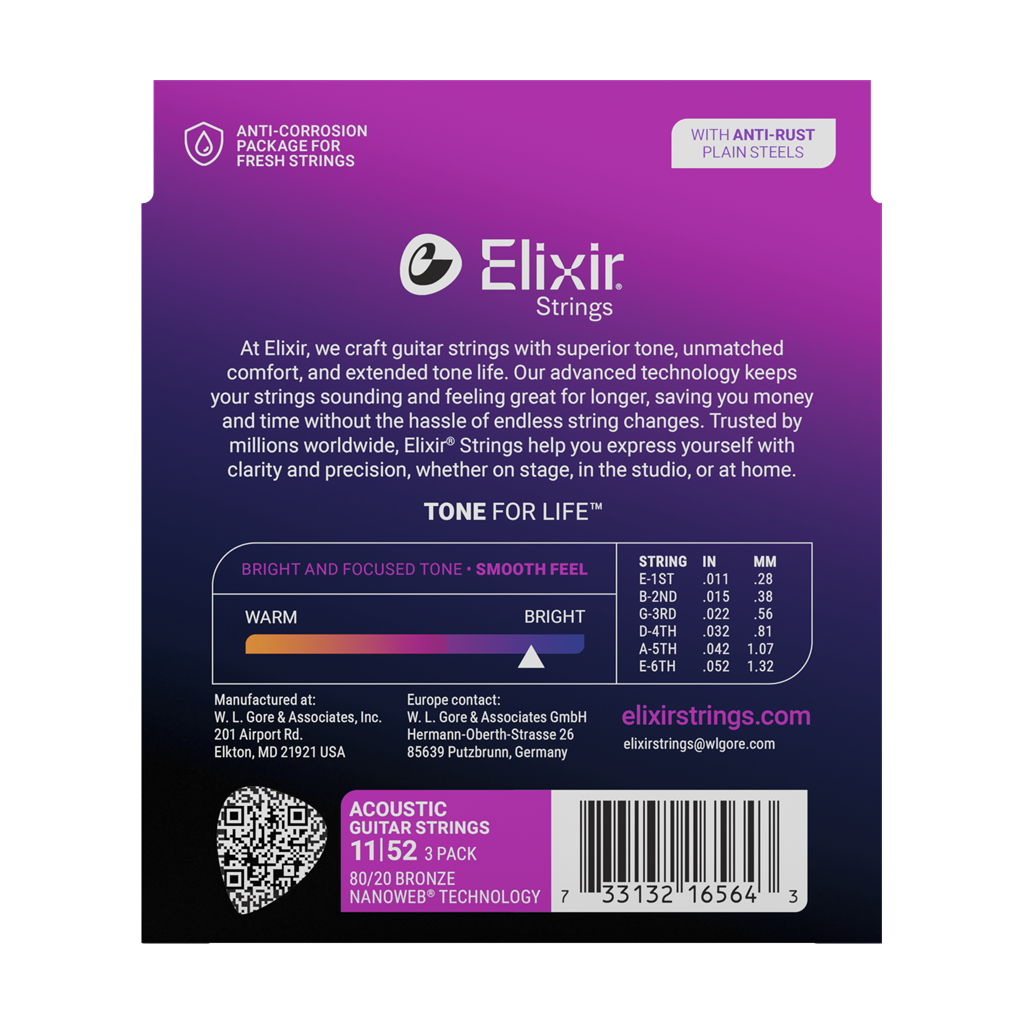 Elixir Nanoweb 80/20 Bronze Coated Acoustic Guitar Strings Custom Light (11-52) Triple Pack