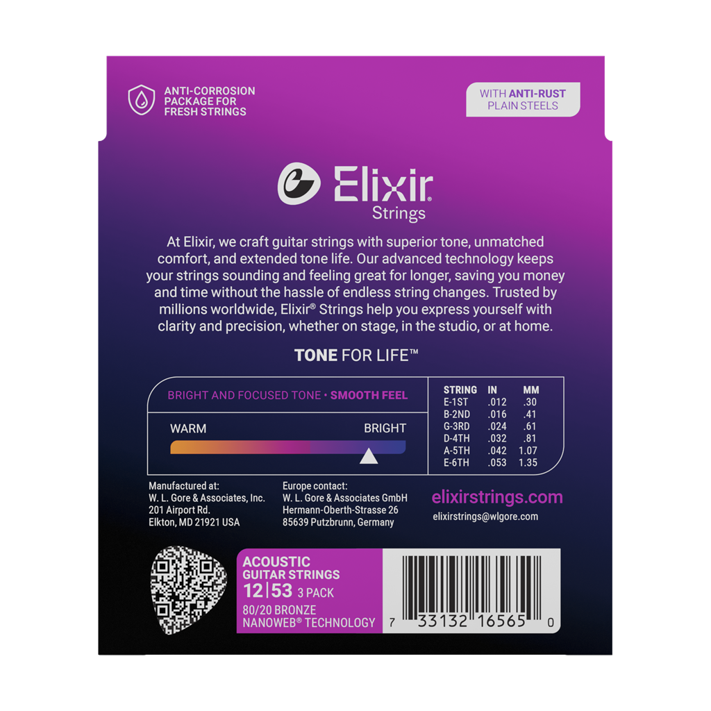 Elixir Nanoweb 80/20 Bronze Coated Acoustic Guitar Strings Light (12-53) Triple Pack