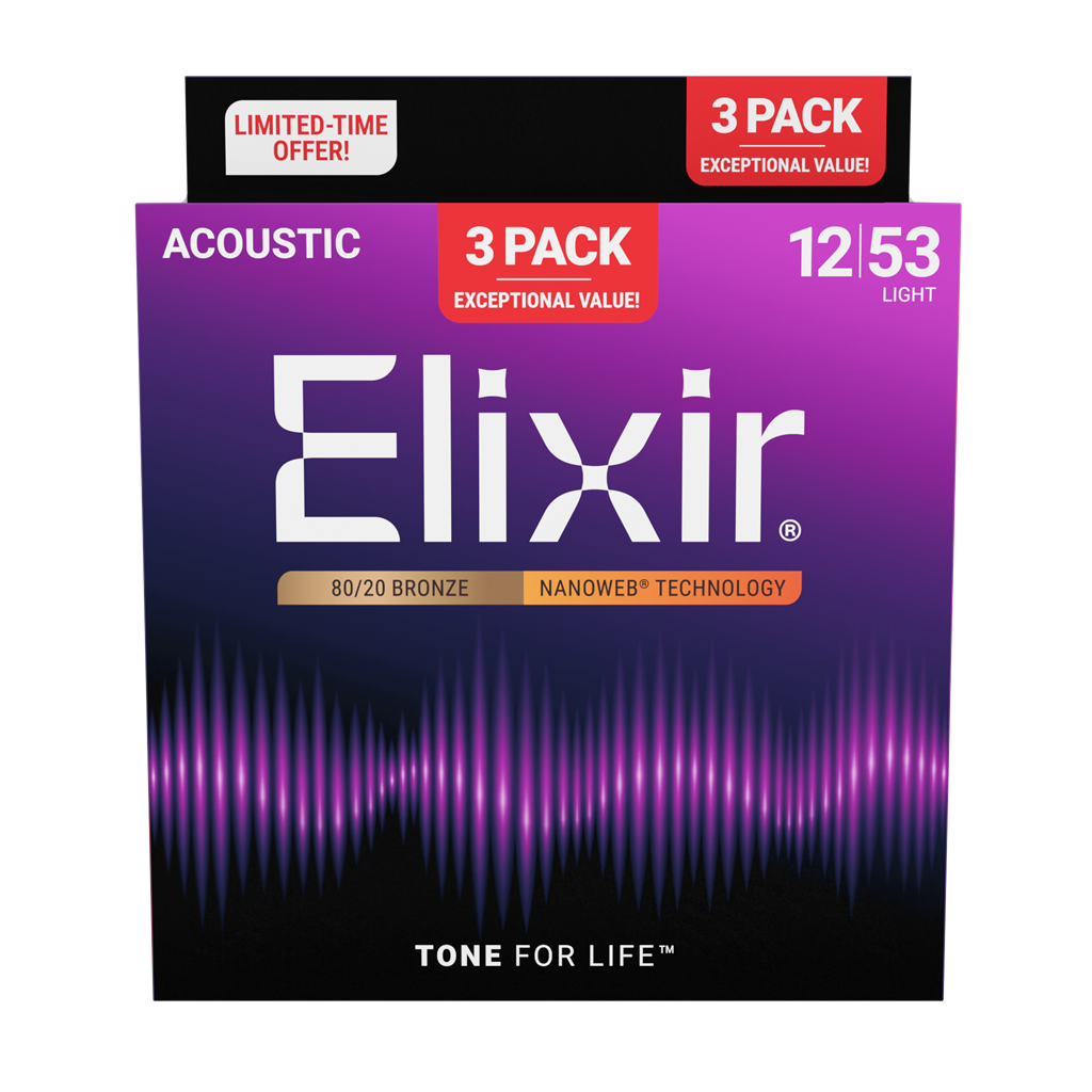 Elixir Nanoweb 80/20 Bronze Coated Acoustic Guitar Strings Light (12-53) Triple Pack