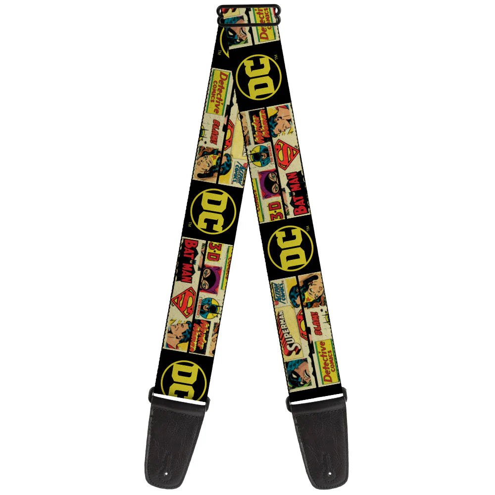 Buckle-Down Guitar Strap Vintage DC Comics Superhero and Logos Collage Black