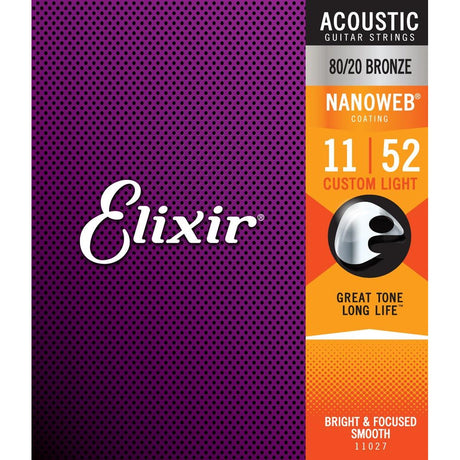 Elixir Nanoweb 80/20 Bronze Coated Acoustic Guitar Strings Custom Light (11-52) - Music Vault