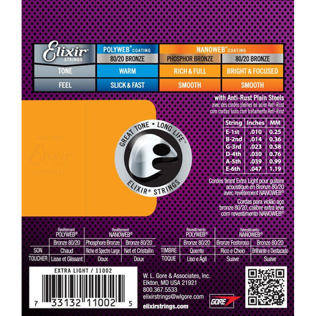 Elixir Nanoweb 80/20 Bronze Coated Acoustic Guitar Strings Extra Light (10-47) - Music Vault