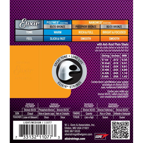 Elixir Nanoweb 80/20 Bronze Coated Acoustic Guitar Strings Light/Medium (12-56) - Music Vault