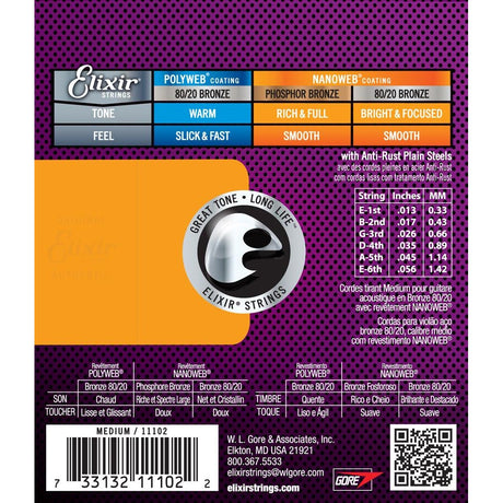 Elixir Nanoweb 80/20 Bronze Coated Acoustic Guitar Strings Medium (13-56) - Music Vault